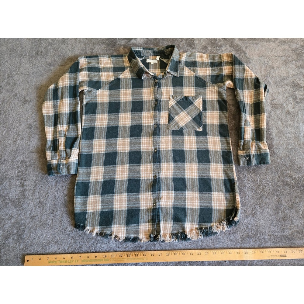 Gilded Intent Flannel Shirt Women Small Green Tan Excellent Plaid Raw Hem WT30